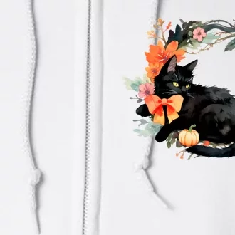 Floral Halloween Wreath Cute Black Cat Full Zip Hoodie