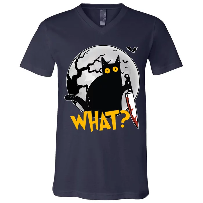 Funny Halloween What Killer Black Cat With Knife V-Neck T-Shirt