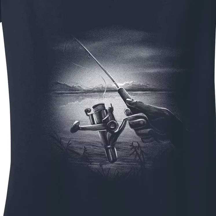 Fishing Hand With Reel Monochromatic Women's V-Neck T-Shirt