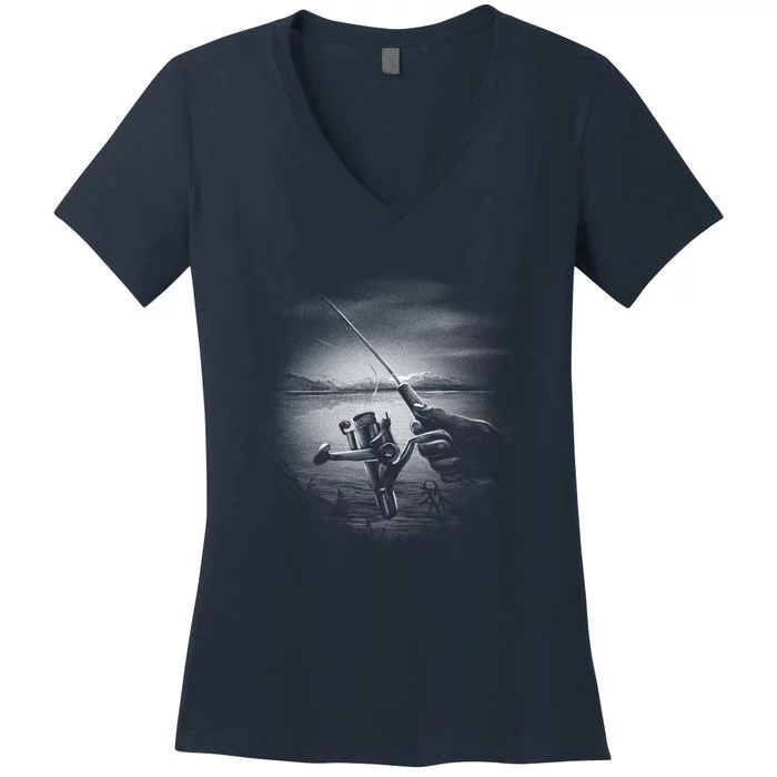 Fishing Hand With Reel Monochromatic Women's V-Neck T-Shirt