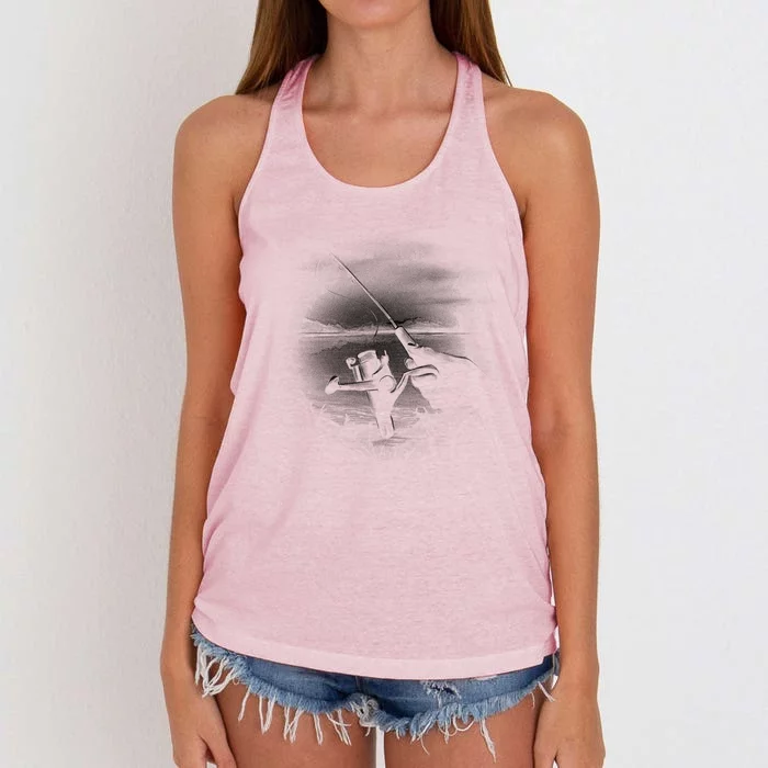 Fishing Hand With Reel Monochromatic Women's Knotted Racerback Tank