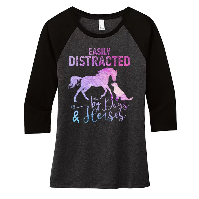 Funny Horse Women Easily Distracted By Dogs & Horses Women's Tri-Blend 3/4-Sleeve Raglan Shirt