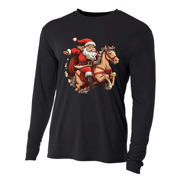 Funny Horse With Santa Claus For Christmas Holidays Cooling Performance Long Sleeve Crew