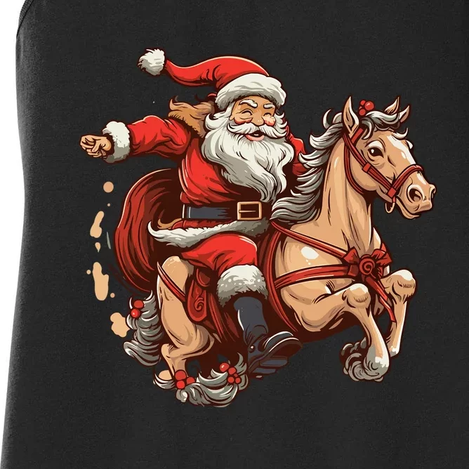 Funny Horse With Santa Claus For Christmas Holidays Women's Racerback Tank