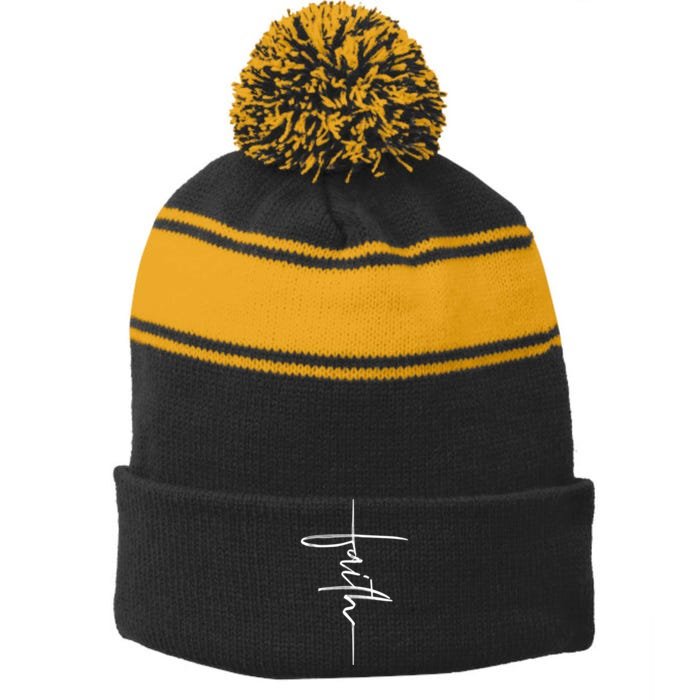 Faith Hand Written Calligraphy Christian Front And Back Print Front & Back Stripe Pom Pom Beanie