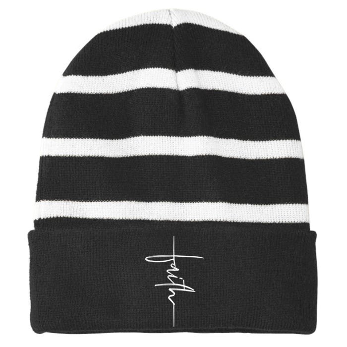 Faith Hand Written Calligraphy Christian Front And Back Print Front & Back Striped Beanie with Solid Band