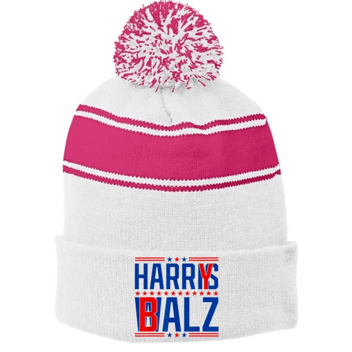 Funny Harris Walz 24 Harry Balz 2024 Meme Democratics Vote Stripe Pom Pom Beanie