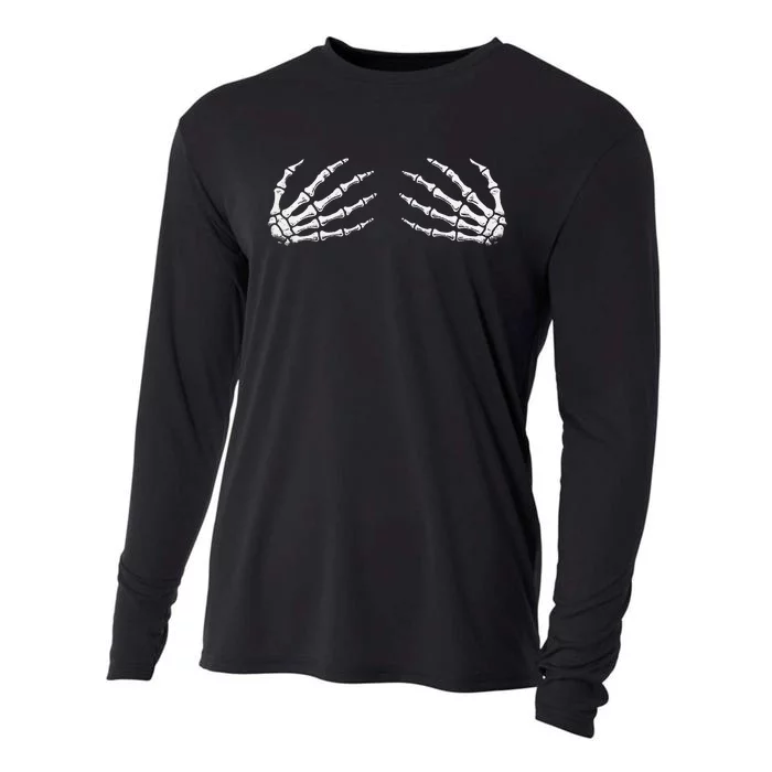 Funny Halloween Women Rock Band Boob Skeleton Hand Bra Cooling Performance Long Sleeve Crew