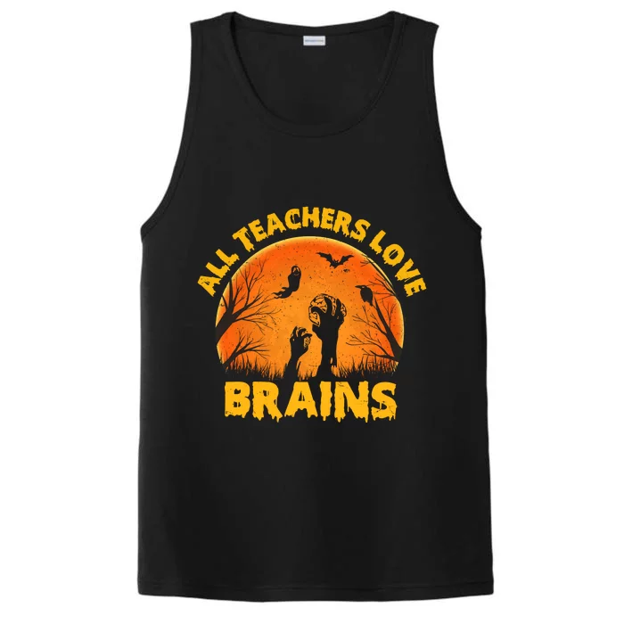 Funny Halloween Zombie All Teacher Love Brains Performance Tank