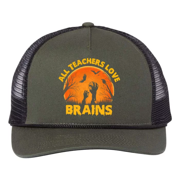 Funny Halloween Zombie All Teacher Love Brains Retro Rope Trucker Hat Cap