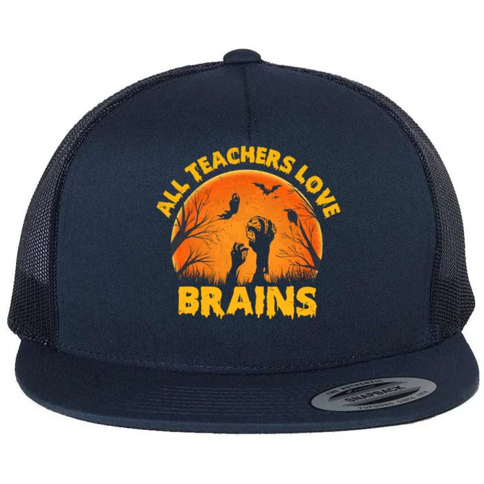 Funny Halloween Zombie All Teacher Love Brains Flat Bill Trucker Hat