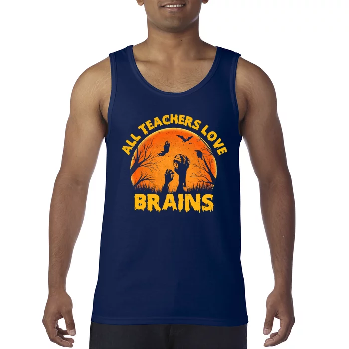 Funny Halloween Zombie All Teacher Love Brains Tank Top