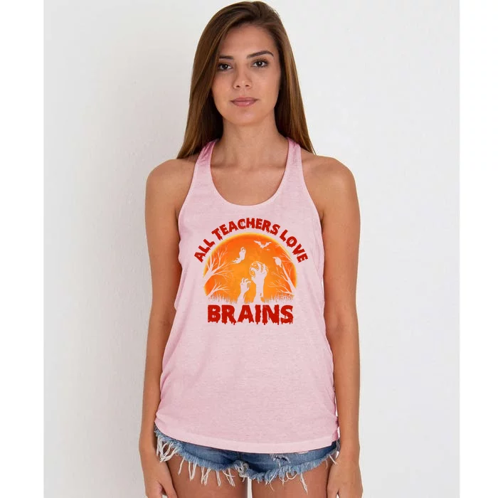 Funny Halloween Zombie All Teacher Love Brains Women's Knotted Racerback Tank