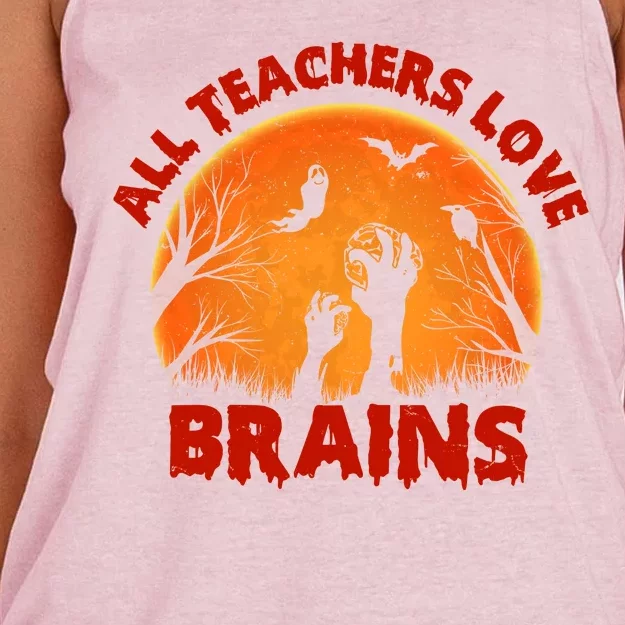 Funny Halloween Zombie All Teacher Love Brains Women's Knotted Racerback Tank