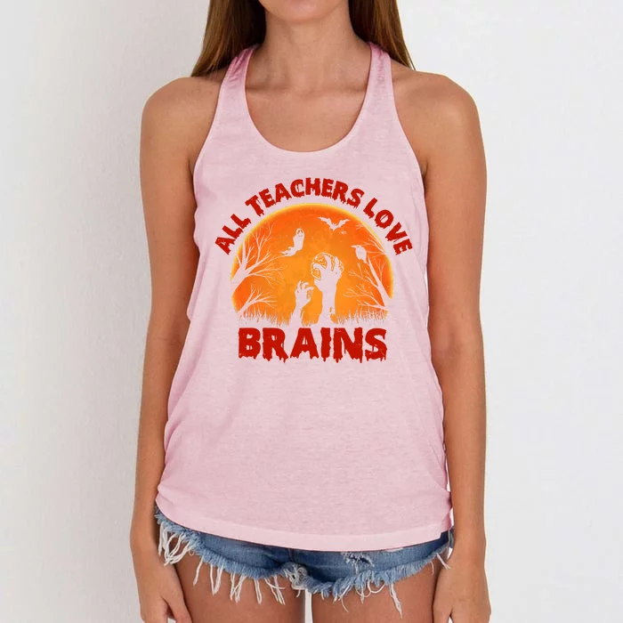 Funny Halloween Zombie All Teacher Love Brains Women's Knotted Racerback Tank