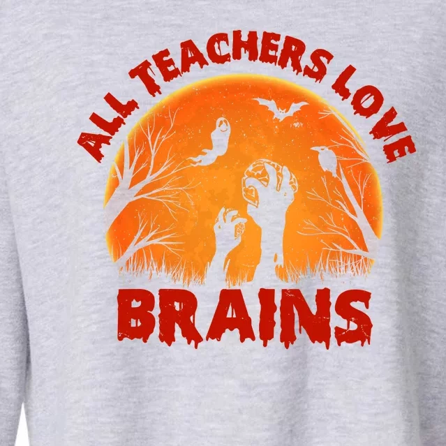 Funny Halloween Zombie All Teacher Love Brains Cropped Pullover Crew