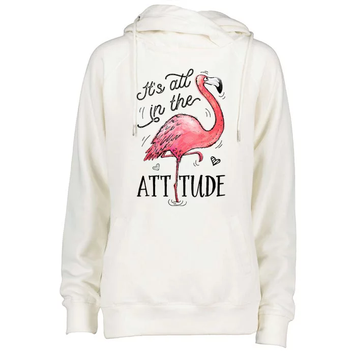 Flamingo Its All In The Attitude Funny Pink Bird Watercolor Womens Funnel Neck Pullover Hood