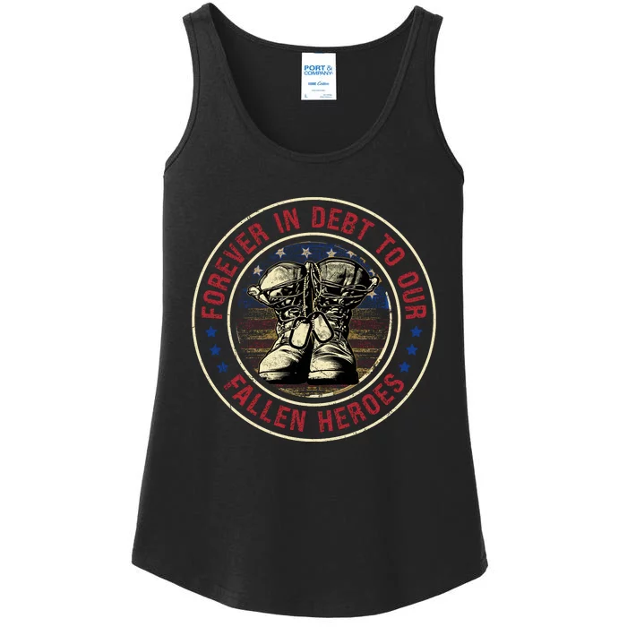 Forever In Debt To Our Fallen Heroes Memorial Graphic Ladies Essential Tank