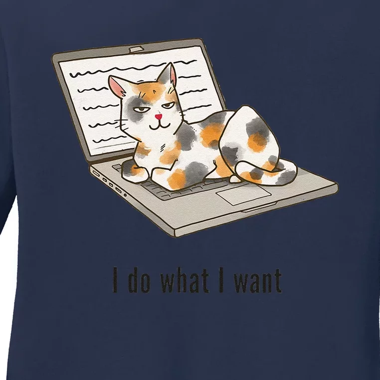 Funny I Do What I Want Boss Cat Sitting On Laptop Cat Meme Ladies Long Sleeve Shirt