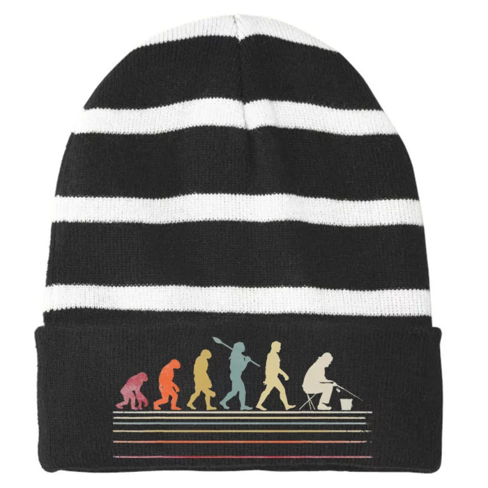 Funny Ice Fishing Retro Style Evolution Of Man Striped Beanie with Solid Band