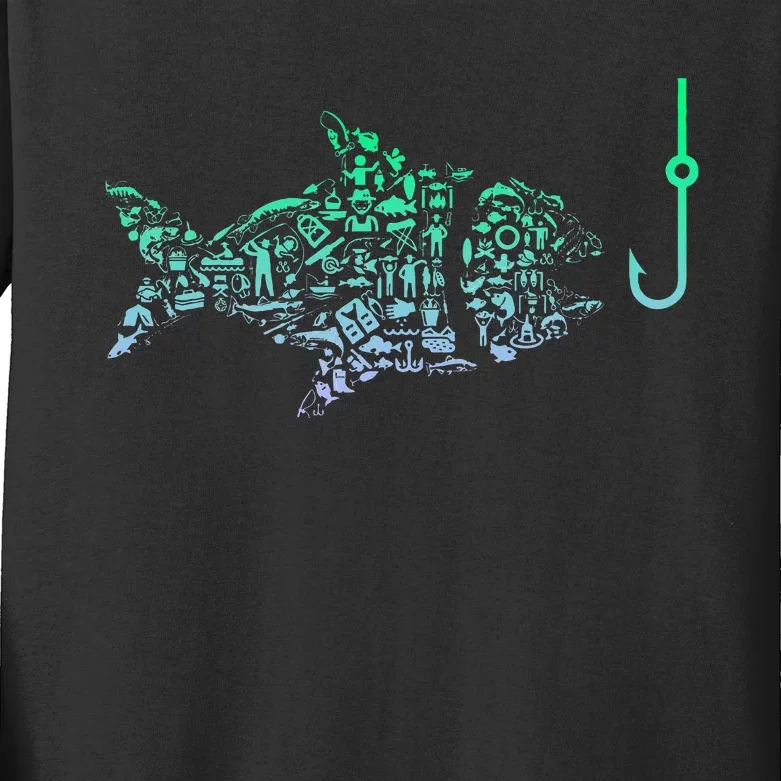 Fishing Icon For Fisherman Fish Hook Fishing Kids Long Sleeve Shirt