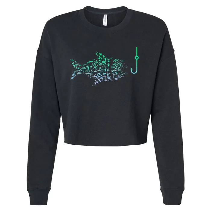 Fishing Icon For Fisherman Fish Hook Fishing Cropped Pullover Crew