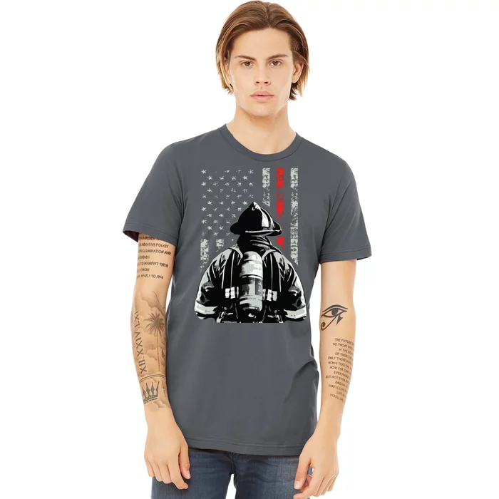 Fireman In Front Of American Flag Cool Firefighter Flag Premium T-Shirt