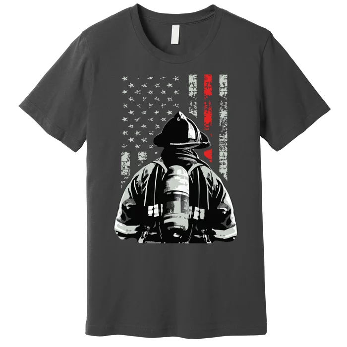 Fireman In Front Of American Flag Cool Firefighter Flag Premium T-Shirt