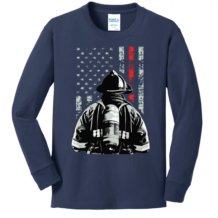 Fireman In Front Of American Flag Cool Firefighter Flag Kids Long Sleeve Shirt