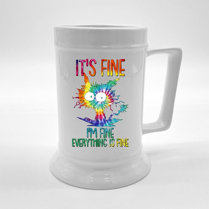 Funny It's Fine I'm Fine Everything Is Fine Tie Dye Cat Front & Back Beer Stein