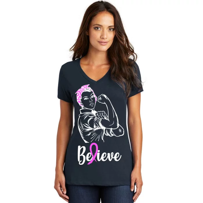 Fight Beast Cancer Awareness Believe Women's V-Neck T-Shirt