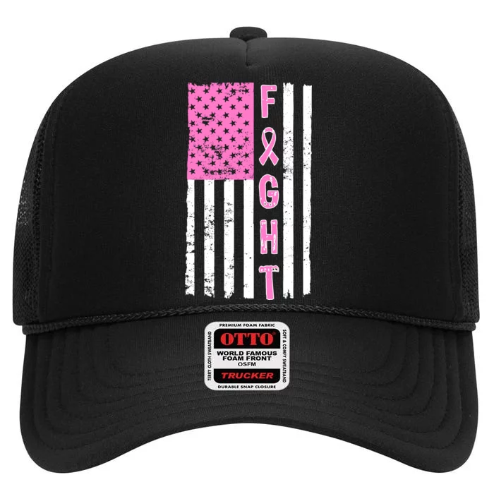 Fight Breast Cancer American Flag High Crown Mesh Trucker Hat