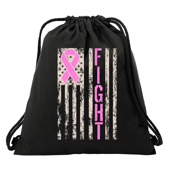 Fight Breast Cancer Awareness USA Flag Ribbon Drawstring Bag