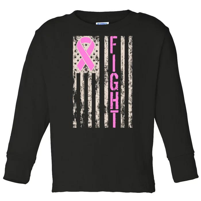 Fight Breast Cancer Awareness USA Flag Ribbon Toddler Long Sleeve Shirt