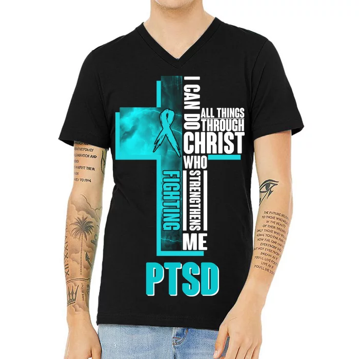 Fighting PTSD Awareness Cross V-Neck T-Shirt