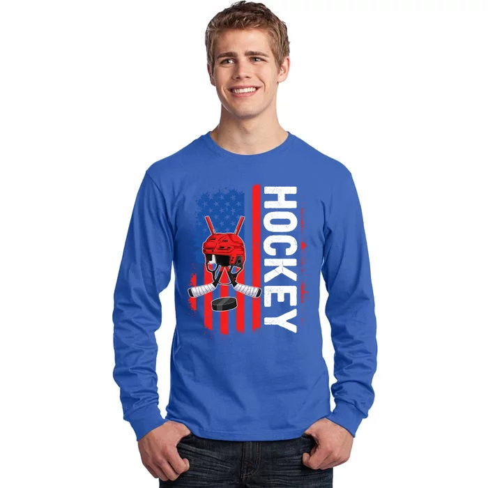 Funny Ice Hockey American Flag Patriotic Happy 4th Of July Cute Gift Tall Long Sleeve T-Shirt