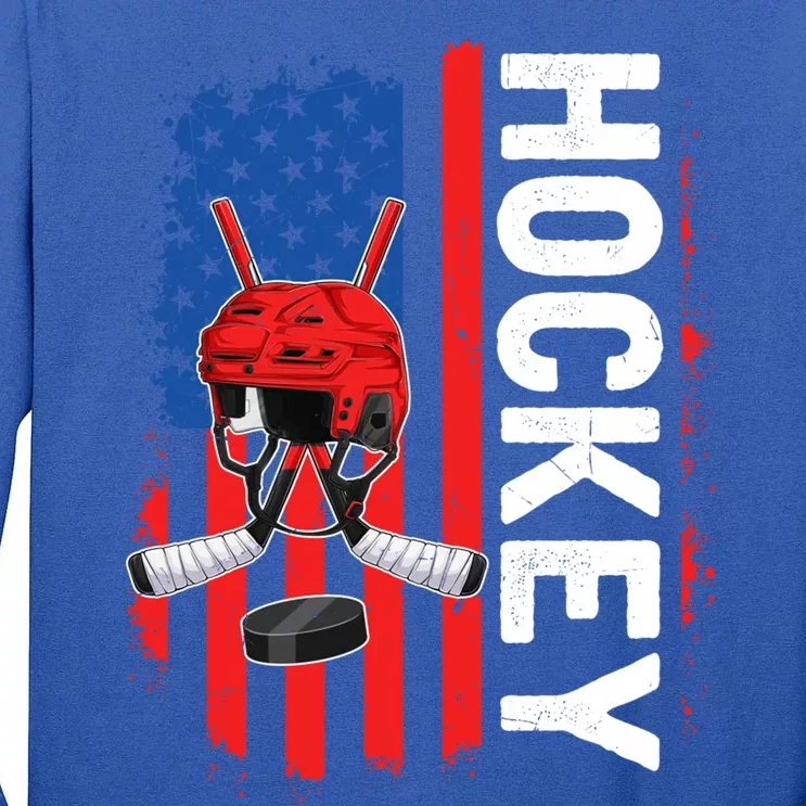 Funny Ice Hockey American Flag Patriotic Happy 4th Of July Cute Gift Tall Long Sleeve T-Shirt