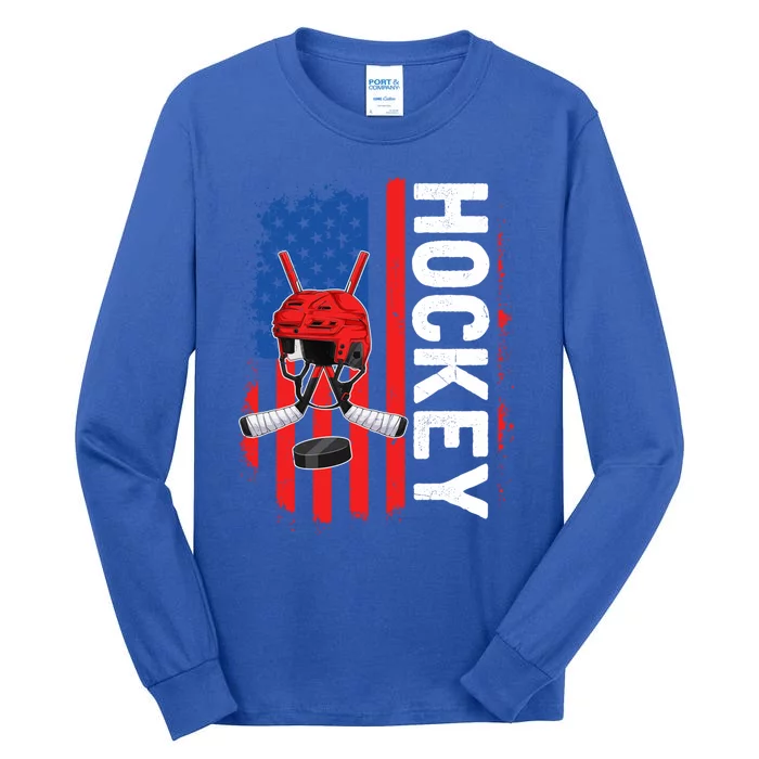 Funny Ice Hockey American Flag Patriotic Happy 4th Of July Cute Gift Tall Long Sleeve T-Shirt