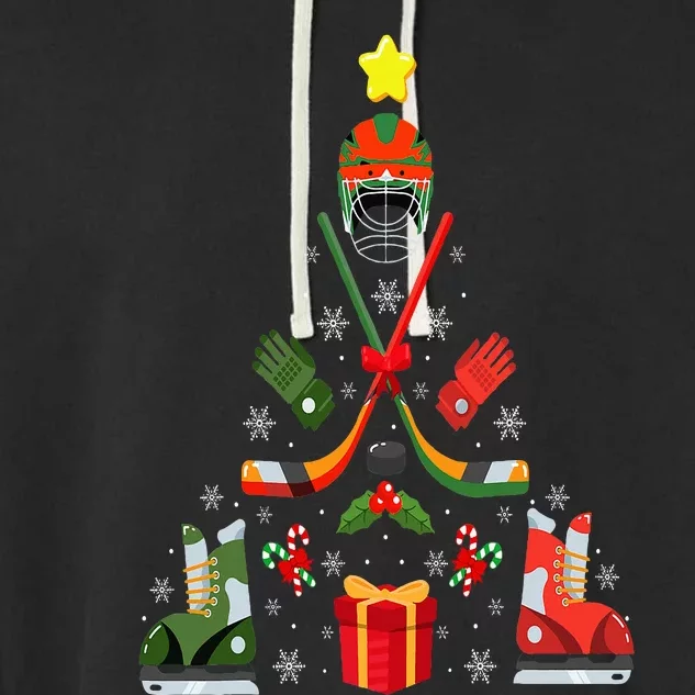 Funny Ice Hockey Christmas Tree Pajama Costume Garment-Dyed Fleece Hoodie