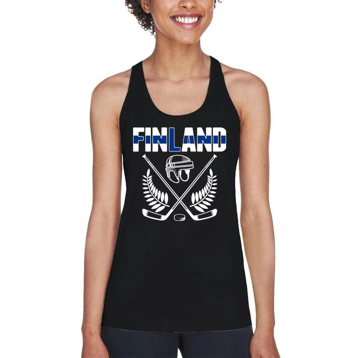 Finland Ice Hockey Fans Jersey Finnish Flag Hockey Sticks Women's Racerback Tank