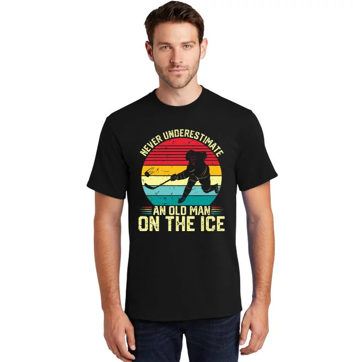 Funny Ice Hockey Never Underestimate An Old Man On The Ice Tall T-Shirt