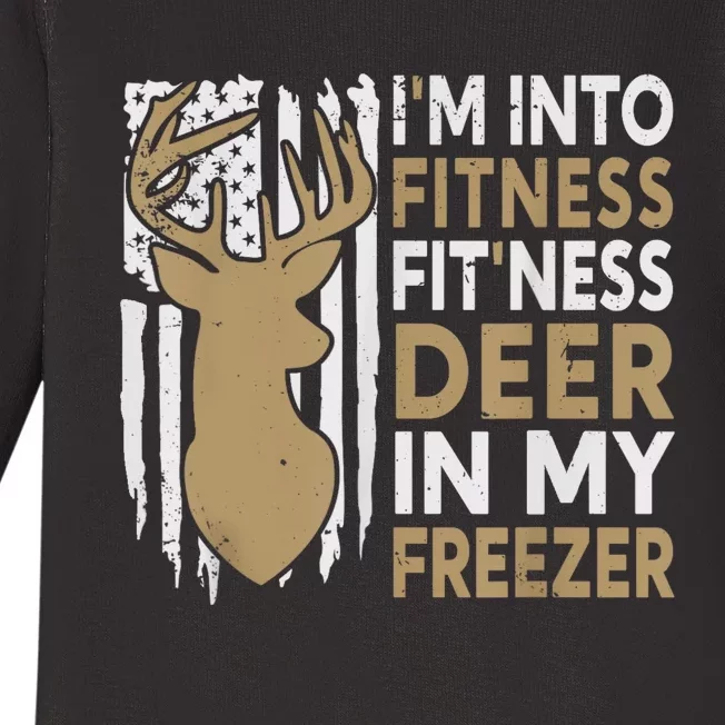 Funny IM Into Fitness FitNess Deer In My Freezer Deer Baby Long Sleeve Bodysuit