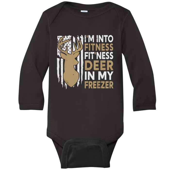 Funny IM Into Fitness FitNess Deer In My Freezer Deer Baby Long Sleeve Bodysuit