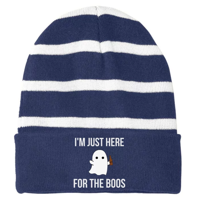 Funny Im Just Here For The Boos Beer Ghost Halloween Striped Beanie with Solid Band