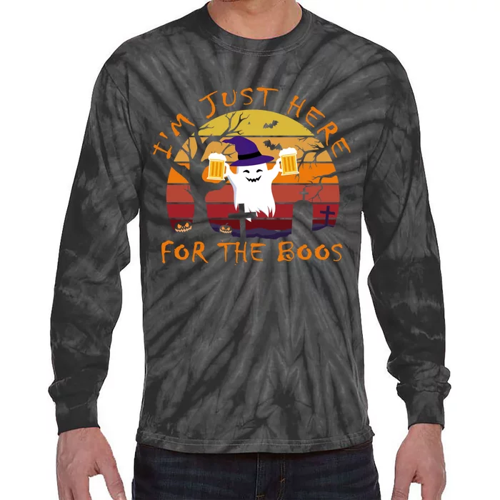 Funny Im Just Here For The Boos Halloween Ghost Beer Retro Tie-Dye Long Sleeve Shirt