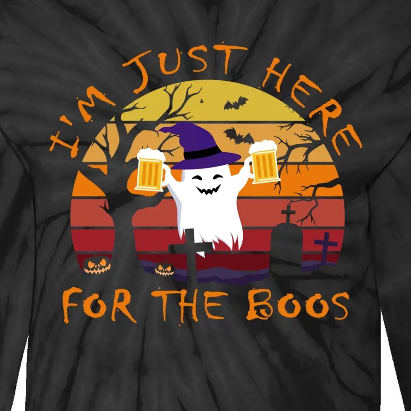 Funny Im Just Here For The Boos Halloween Ghost Beer Retro Tie-Dye Long Sleeve Shirt