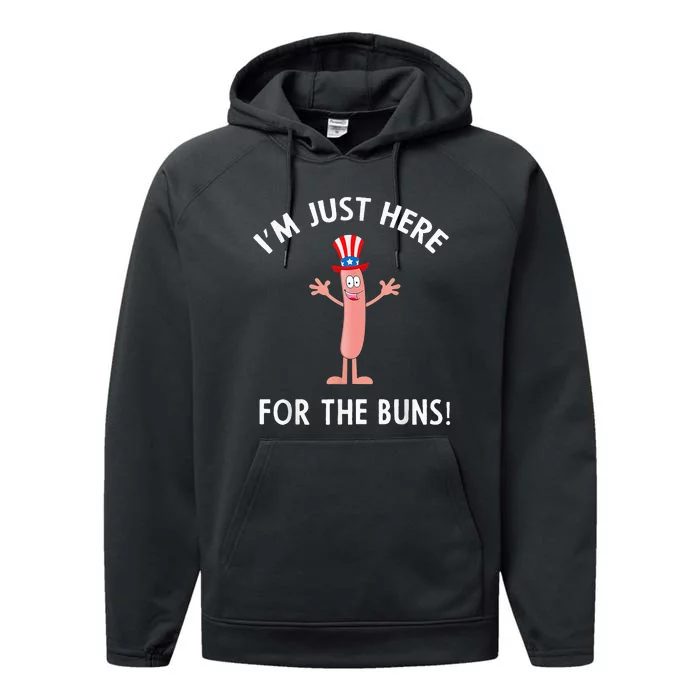 Funny I'm Just Here For The Buns Patriotic Hot Dog Performance Fleece Hoodie