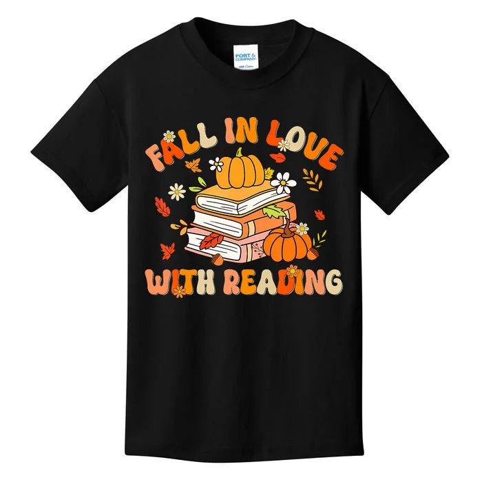 Fall In Love With Reading Book Autumn Pumpkins And Teachers Kids T-Shirt