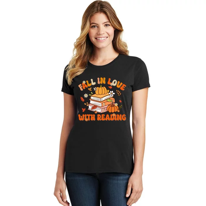 Fall In Love With Reading Book Autumn Pumpkins And Teachers Women's T-Shirt