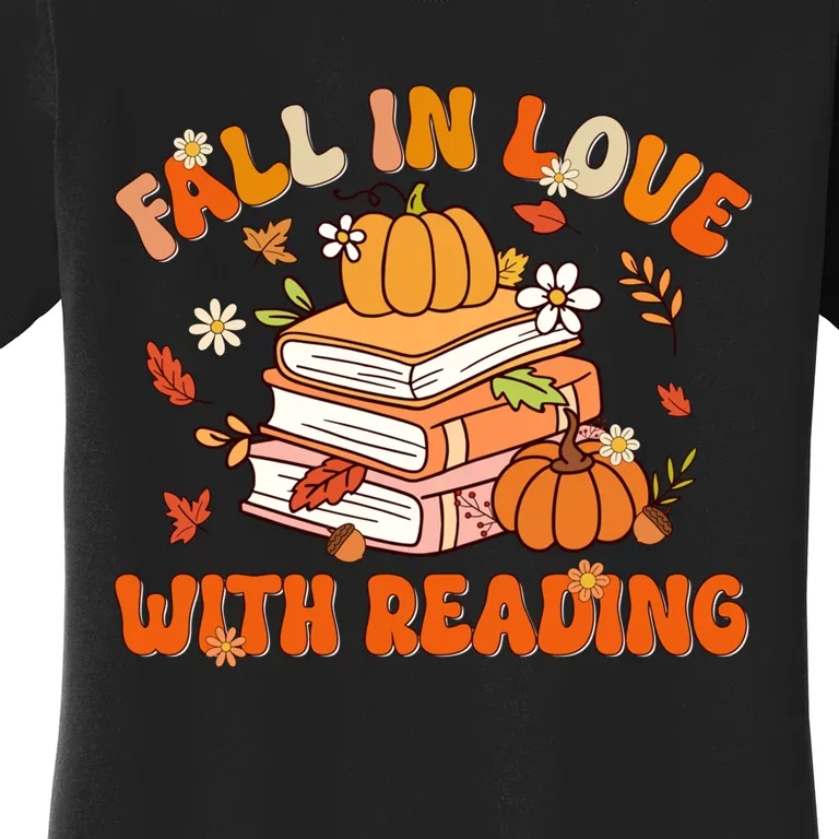 Fall In Love With Reading Book Autumn Pumpkins And Teachers Women's T-Shirt